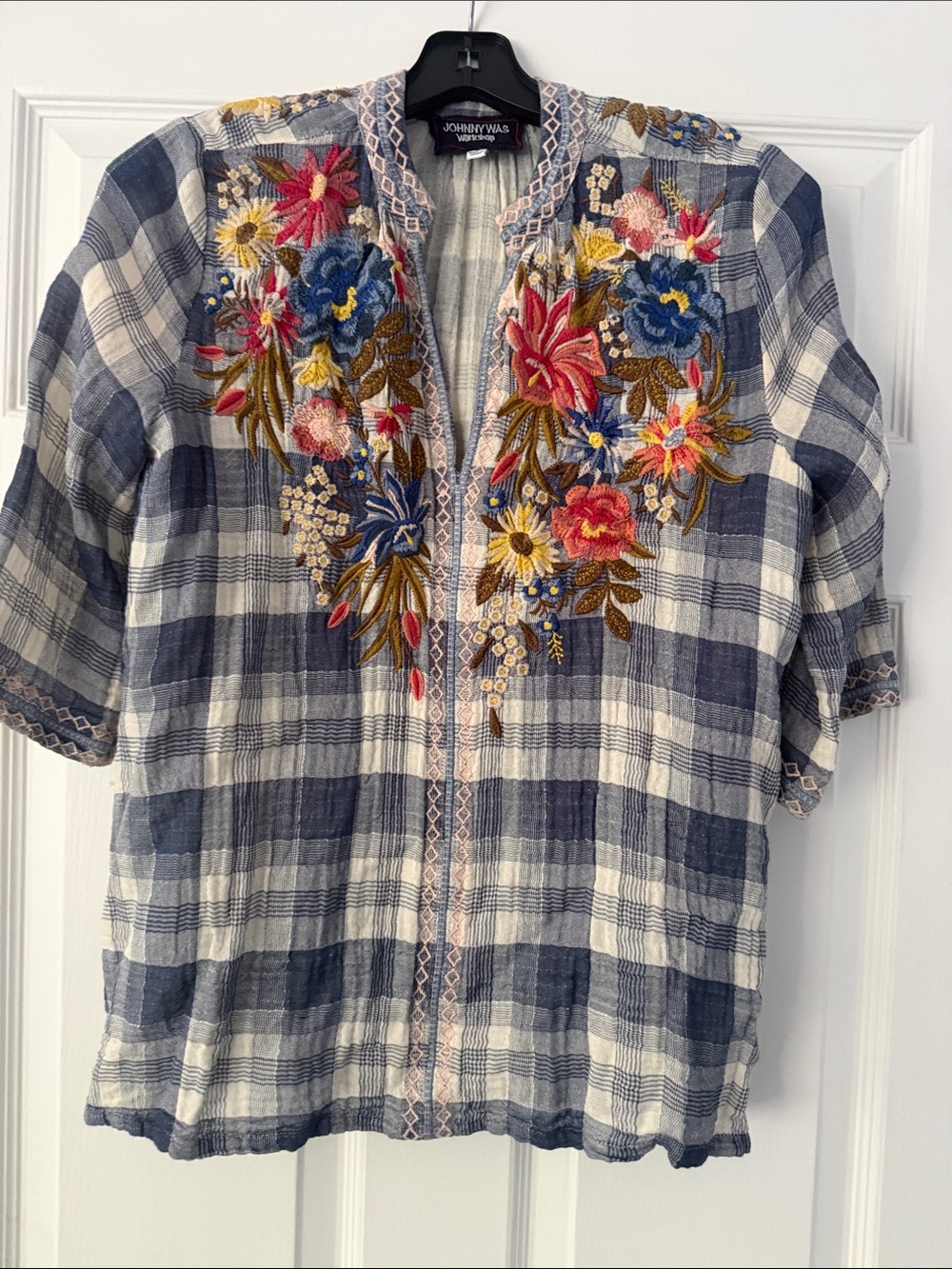 Johnny Was Navy and Cream Plaid Tunic with Multicolor Floral Embroidery